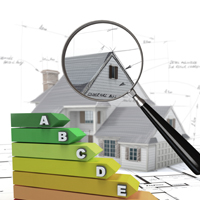 Graphic for home energy audit showing photo collage of magnifying glass, house model, house plans, and scoring bar chart for energy efficiency audits